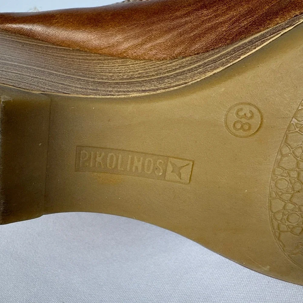 Pikolinos Womens 38 Yellow Leather Cutout Wedge Mules Sandals Peep Toe Spain
